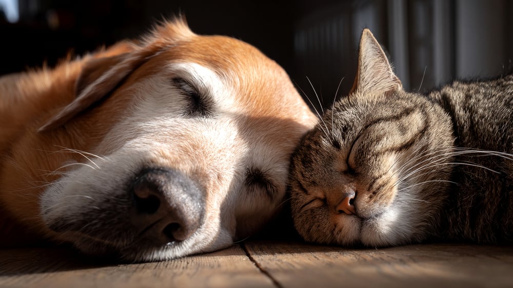 A close up picture of a senior golden retriever laying with a tabby cat on the floor, their cuddling with their heads next to each other.
