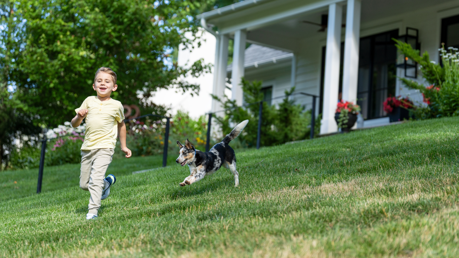 A young boy wearing a yellow tshirt and khaki pants is running down a hill in his front yard with his young puppy chasing behind him.