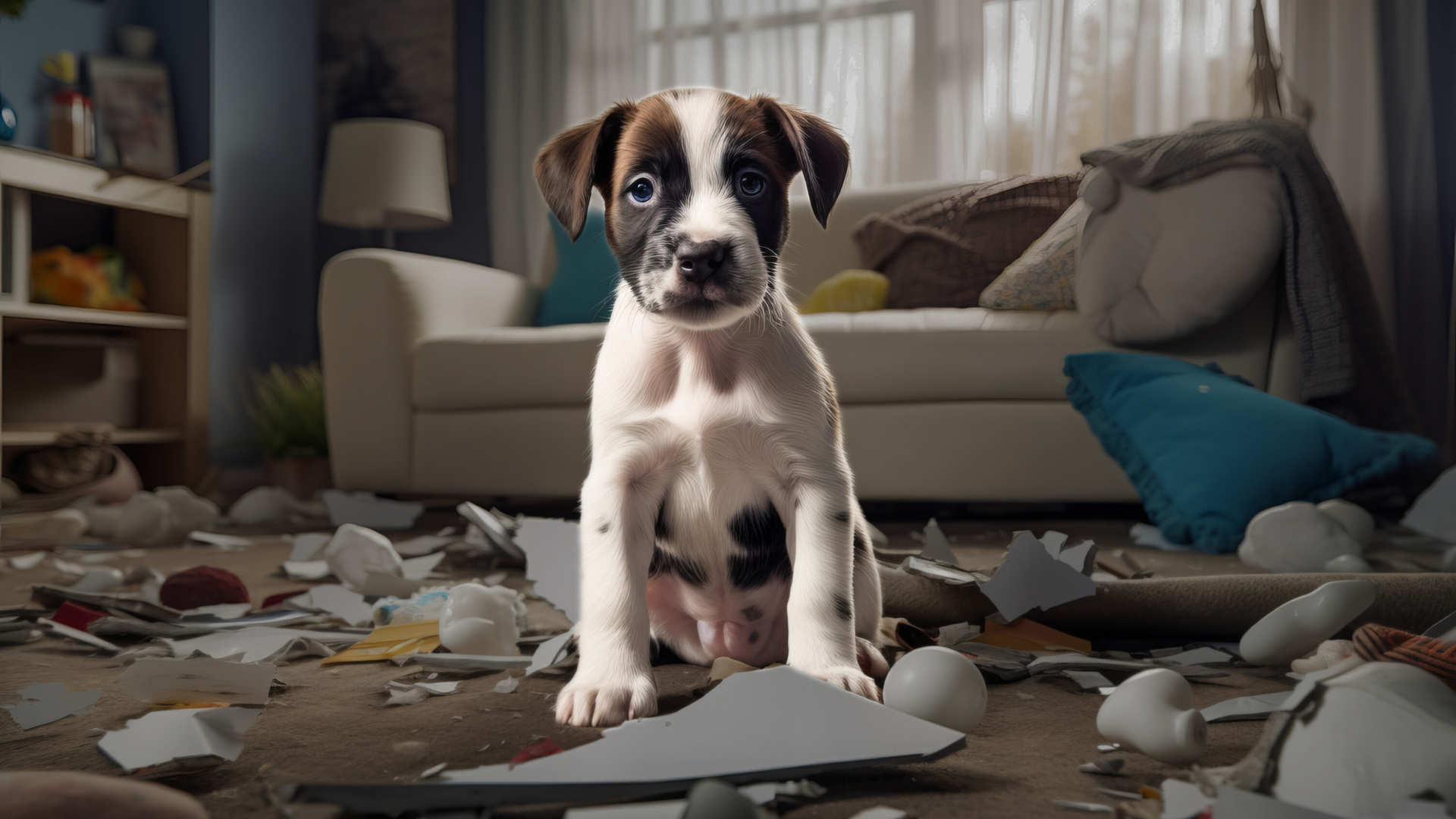 A white and brown puppy sits on the floor of a family room that has chewed up items, shredded paper, stuffing all over the floor. The puppy is looking very cute. 