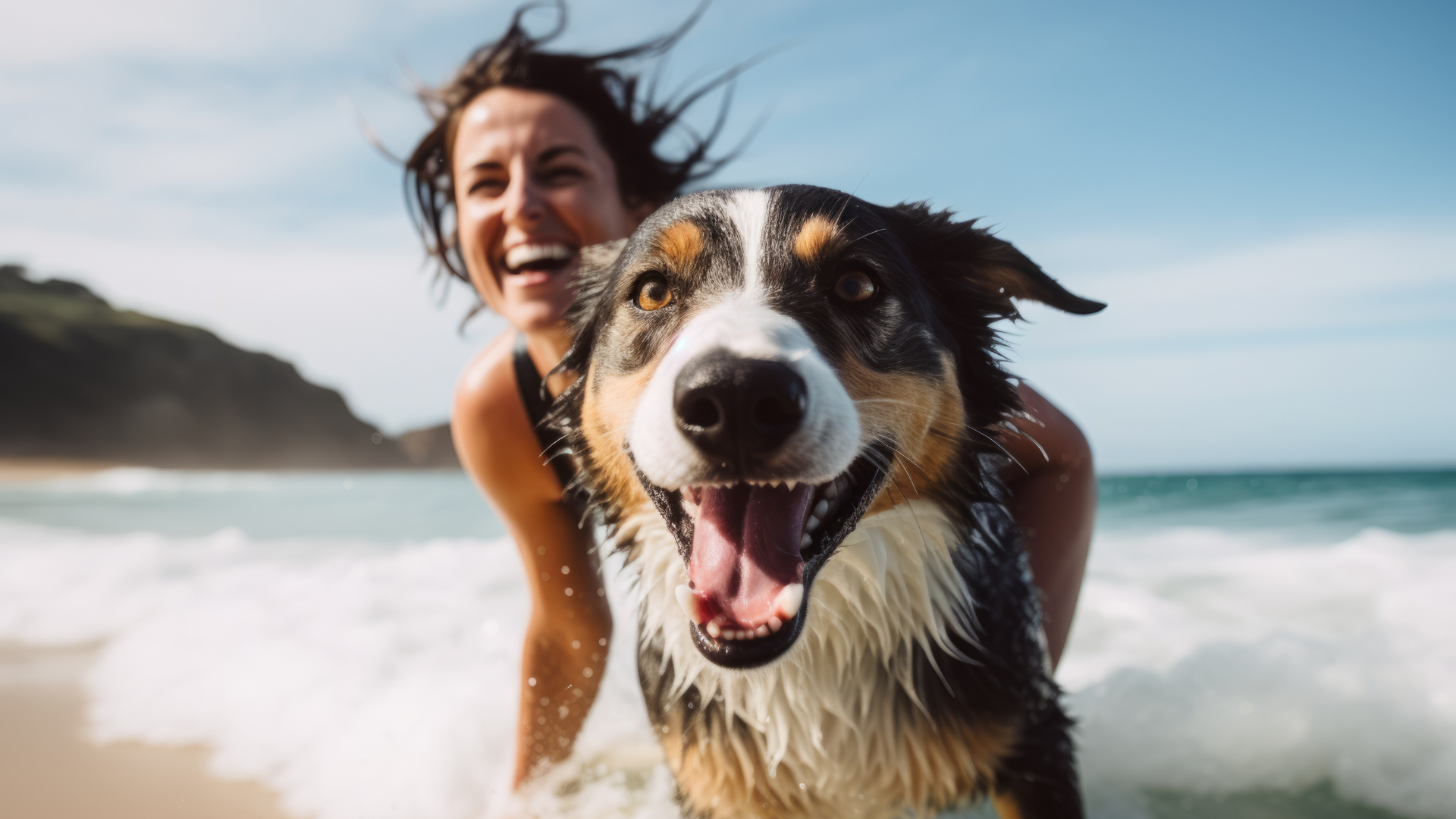 Dog in ocean with owner on vacation 